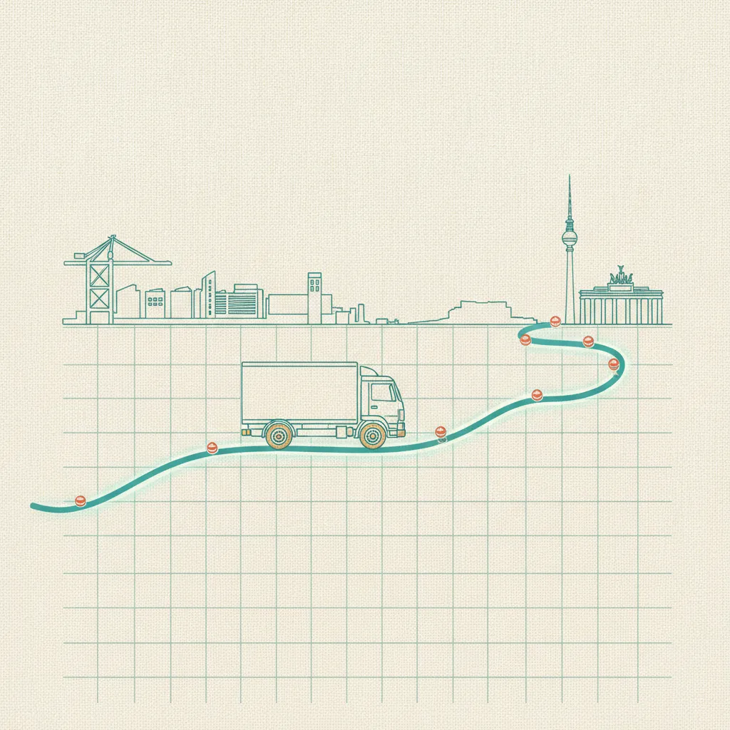 Illustration im Reederei-Stil: Umzugstransporter auf der Linie Hamburg – Berlin