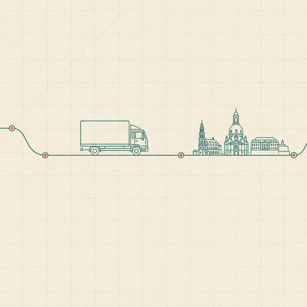 Illustration im Reederei-Stil: Umzugstransporter auf der Linie Hamburg – Dresden