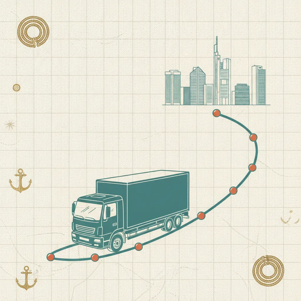 Illustration im Reederei-Stil: Umzugstransporter auf der Linie Hamburg – Frankfurt
