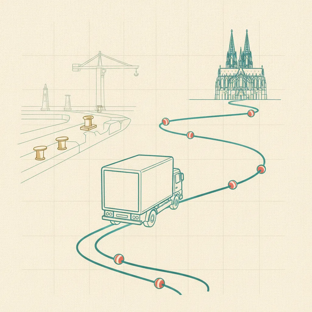 Illustration im Reederei-Stil: Umzugstransporter auf der Linie Hamburg – Köln
