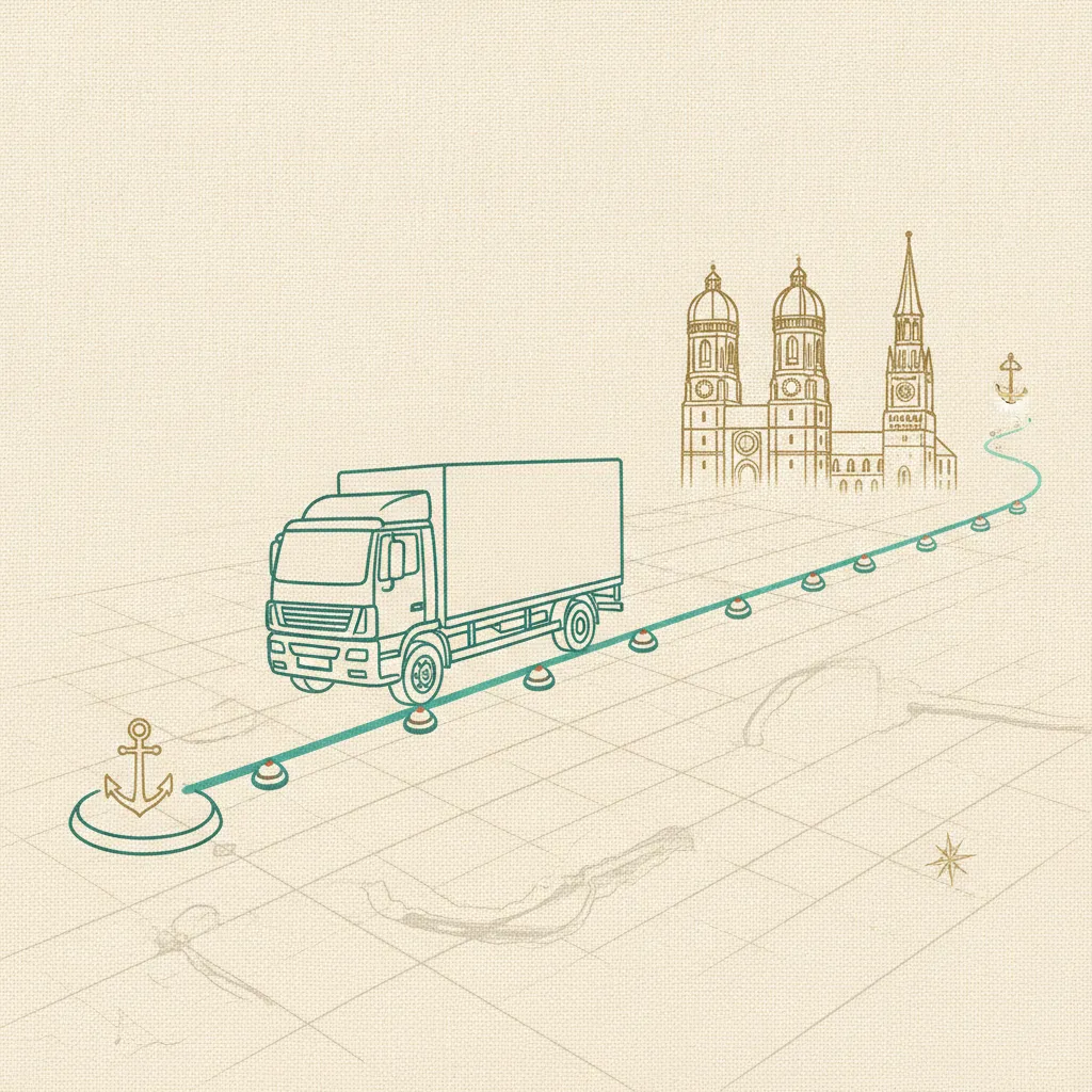 Illustration im Reederei-Stil: Umzugstransporter auf der Linie Hamburg – München
